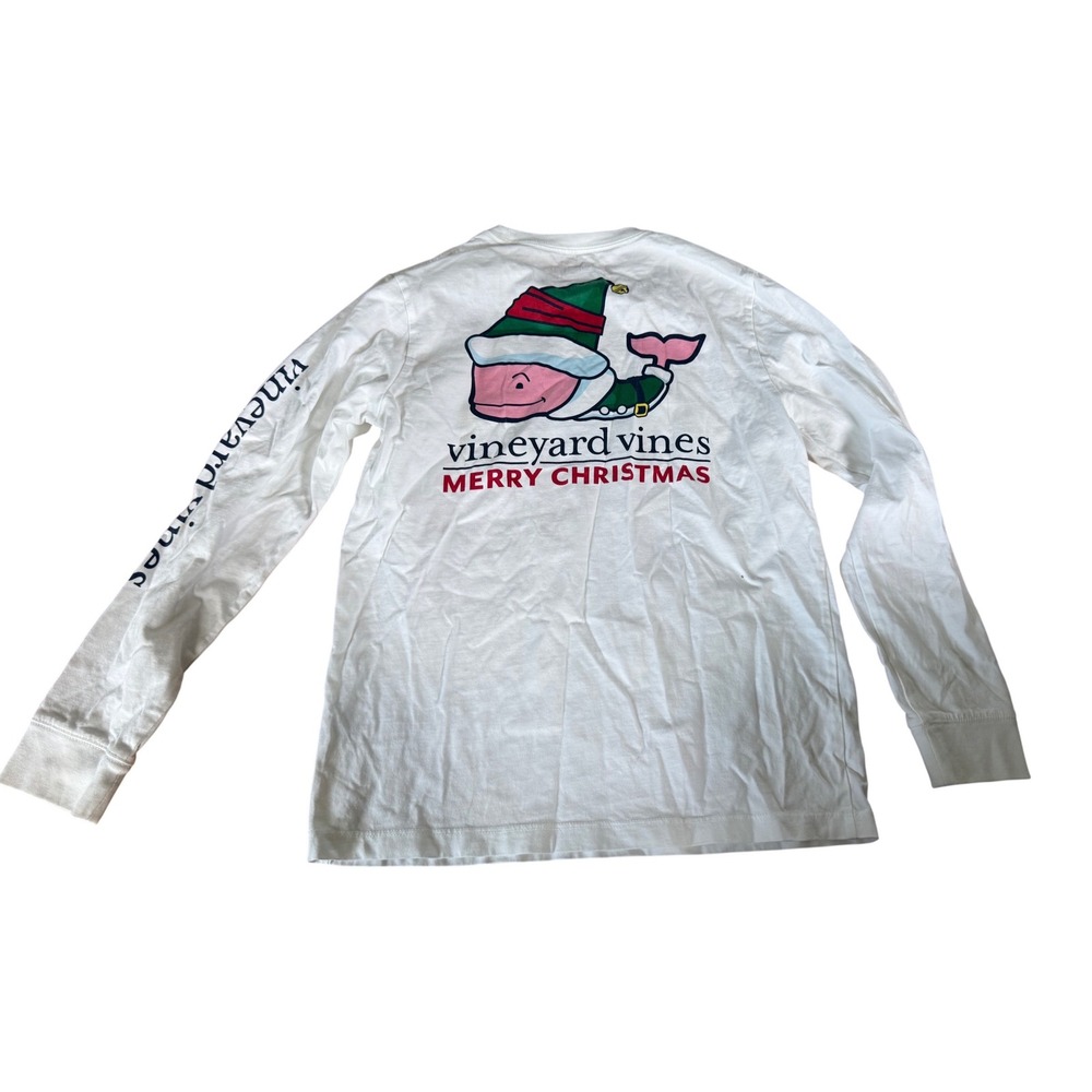 Vineyard Vines Boys Merry Christmas Elf Whale Long Sleeve Pocket Tee White M